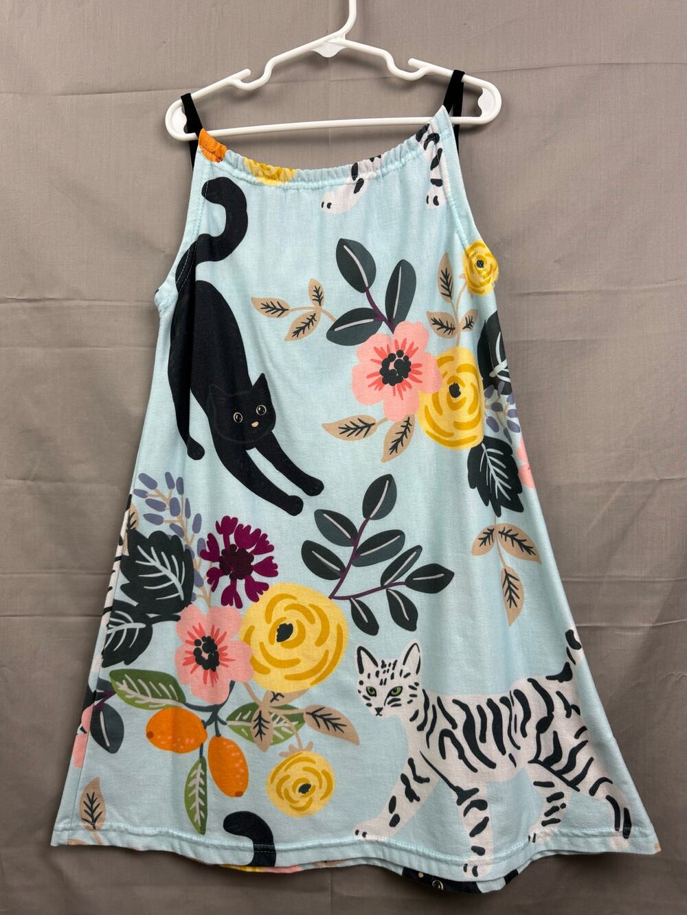 Sunshine Swing Girls Blue Sleeveless Cat and Floral Dress, Size 8